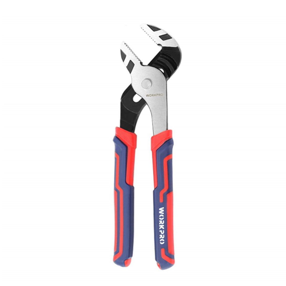 Adjustable water pump pliers with black-and-silver head and red/blue bi-material handles