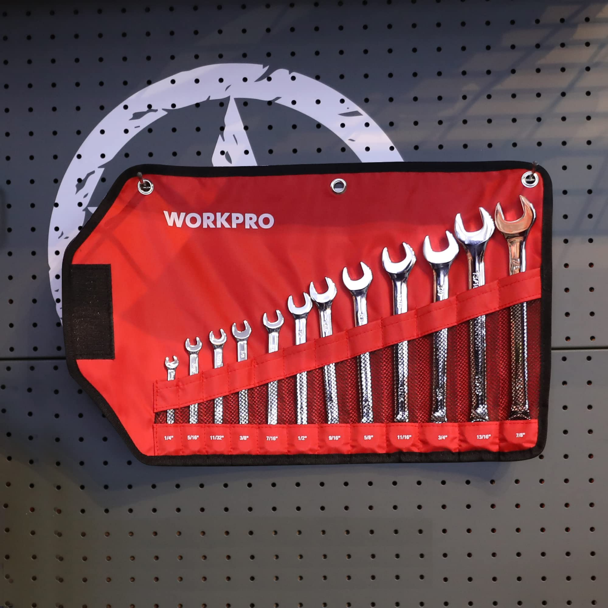 12-piece combination wrench set in a red fabric roll pouch with labeled slots