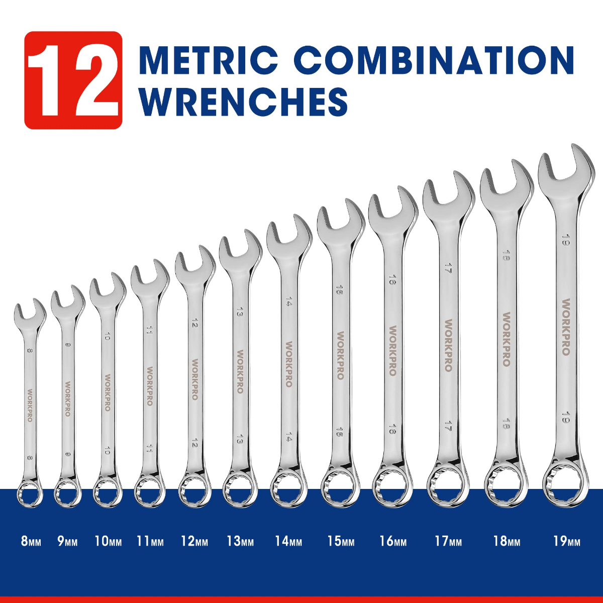 12-piece metric combination wrench set, 8mm to 19mm sizes