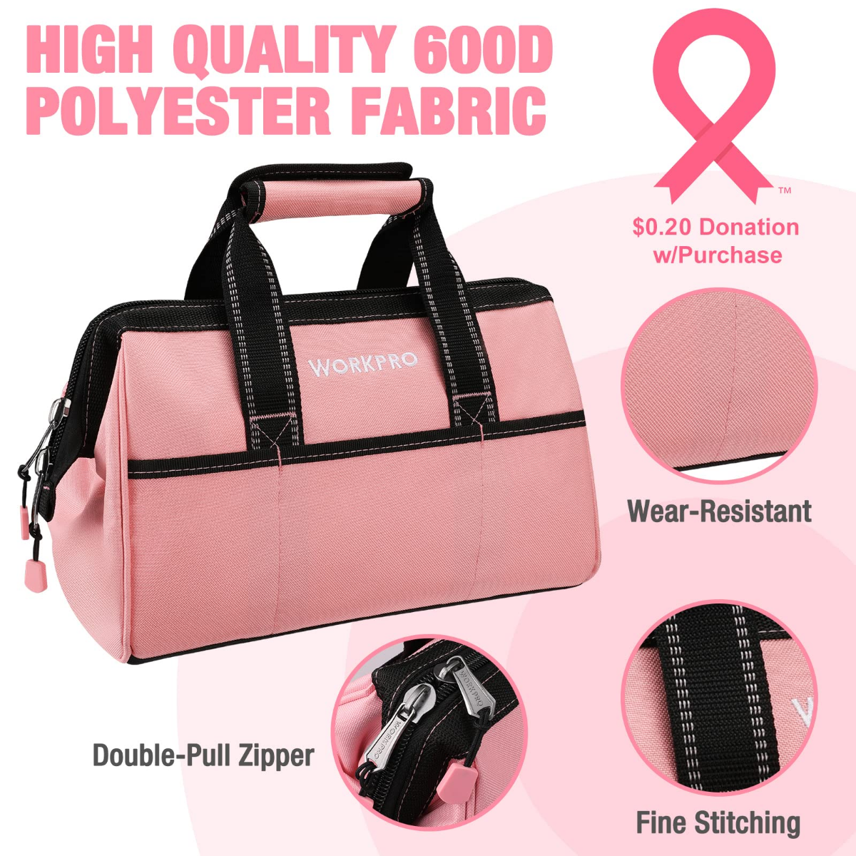 Pink tool bag with black double-pull zipper and reinforced wide mouth; side strap tabs.