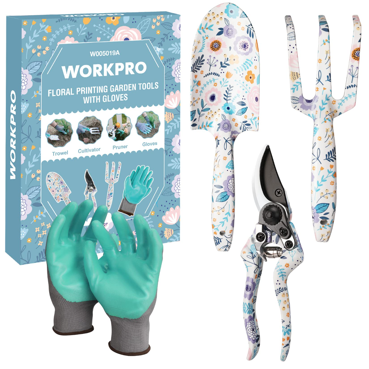 Floral printed 4-piece garden tool set with gloves, including pruner