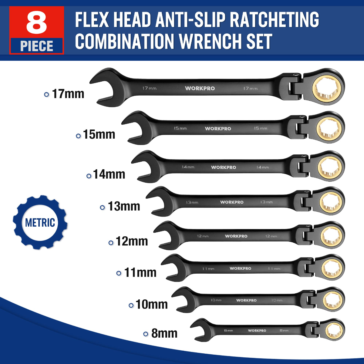 Set of 8 black flex-head ratcheting combination wrenches with gold ring, labeled sizes