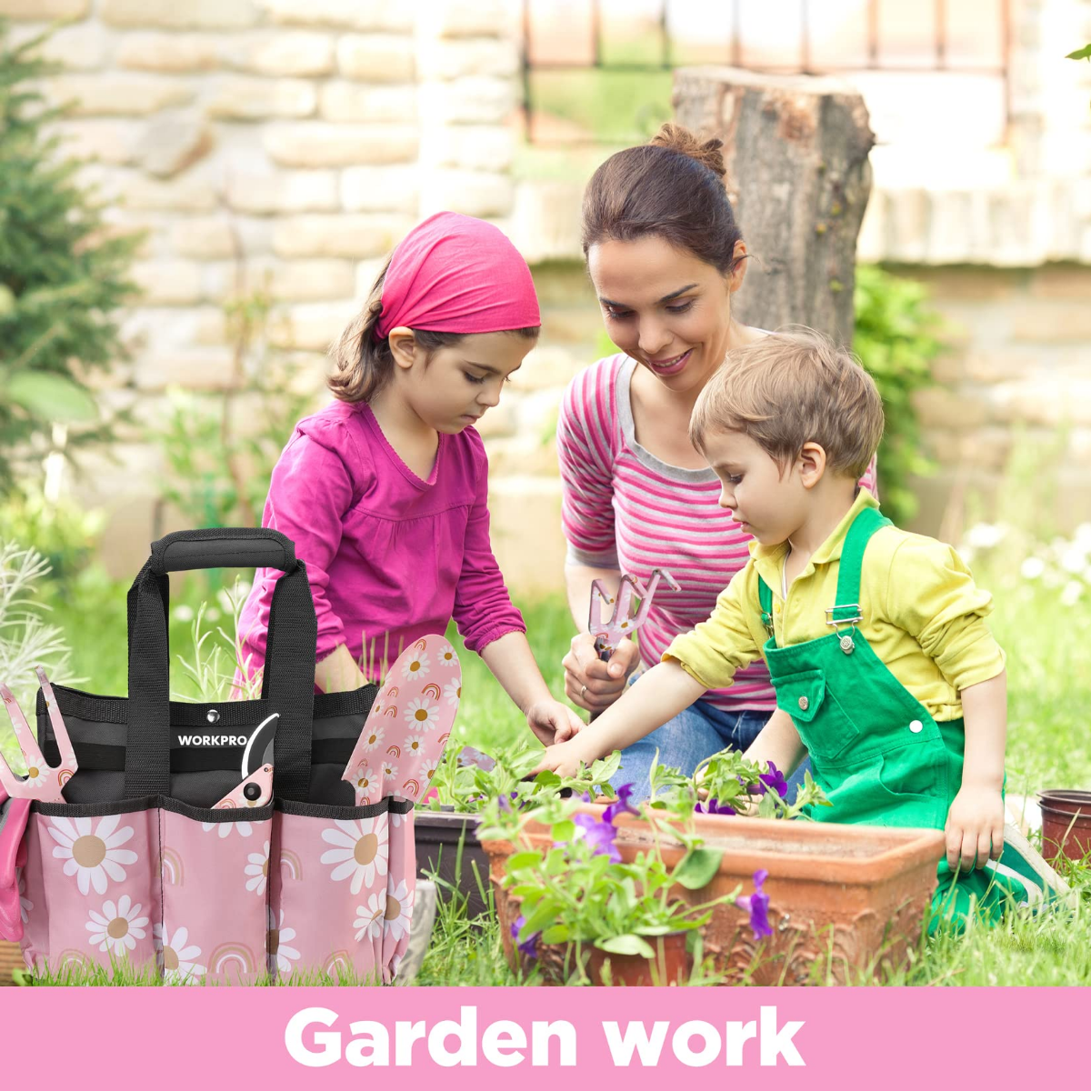 Gardening tool storage bag with tools, used during flower planting