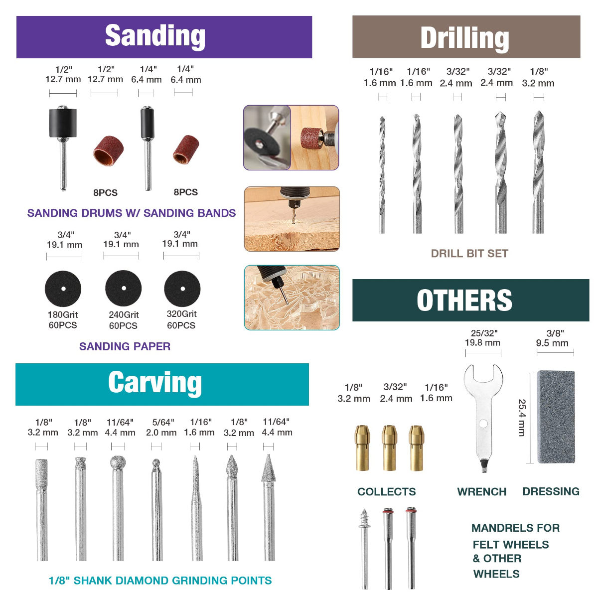 Rotary tool attachment assortment showing sanding drums, sanding paper disks and drill bits