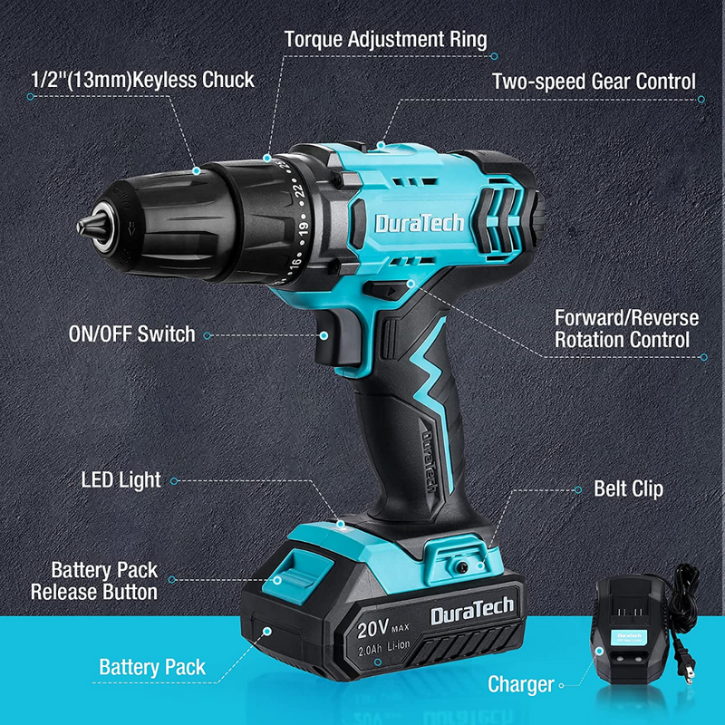 DURATECH 20V Cordless Electric Power Drill Driver Set