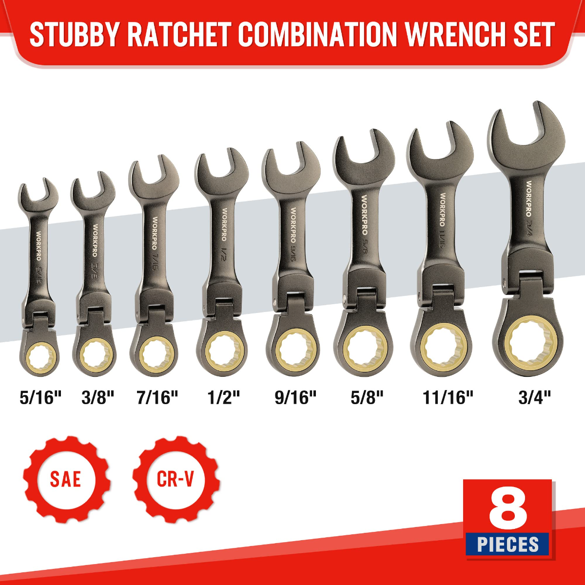 Stubby ratcheting combination wrench set, 8 stubby wrenches with size labels on display