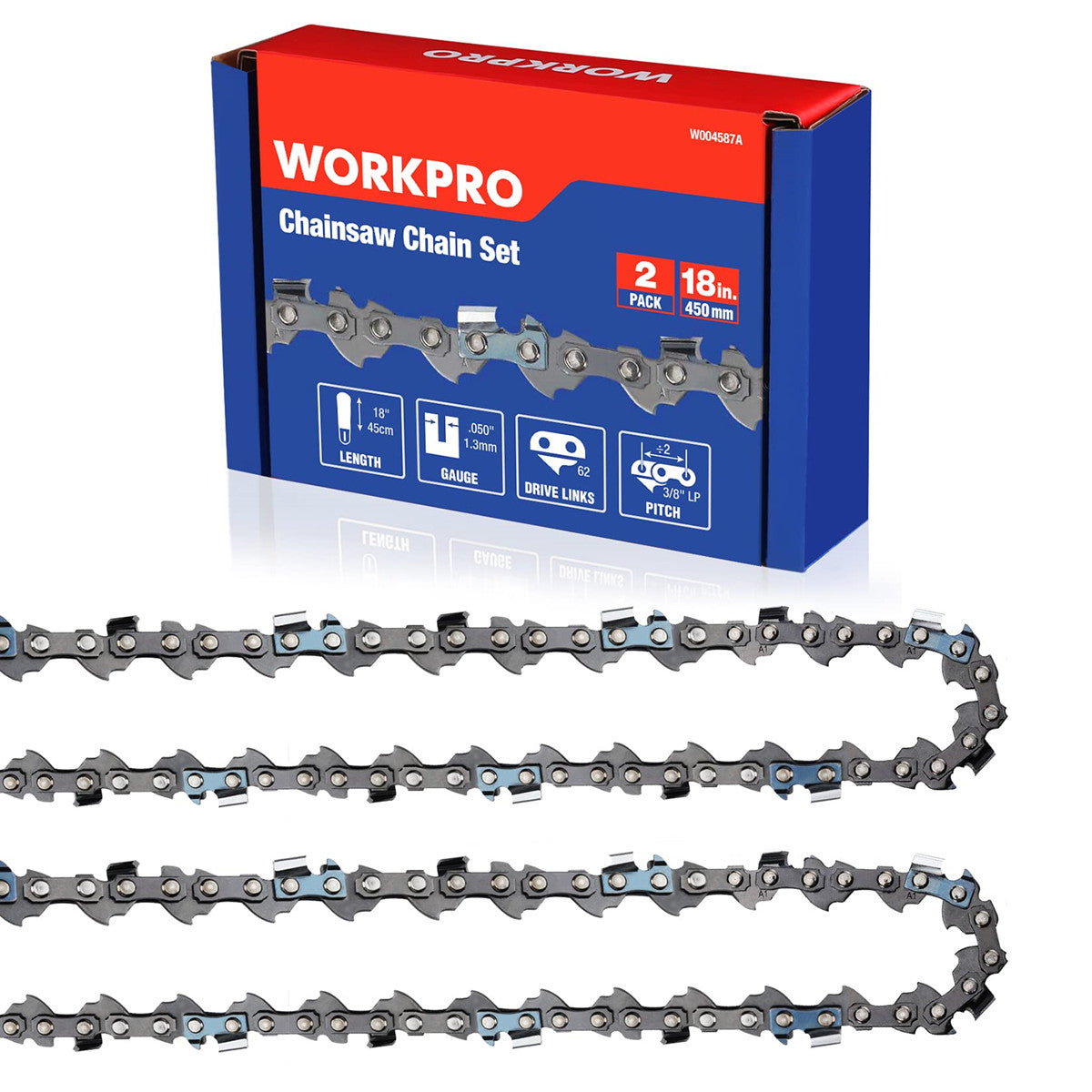 WORKPRO 2-Pack 18 Inch Chainsaw Chain, 3/8"Pitch, 62 Drive Links Wood Cutting Saw Chain for Chainsaw Parts