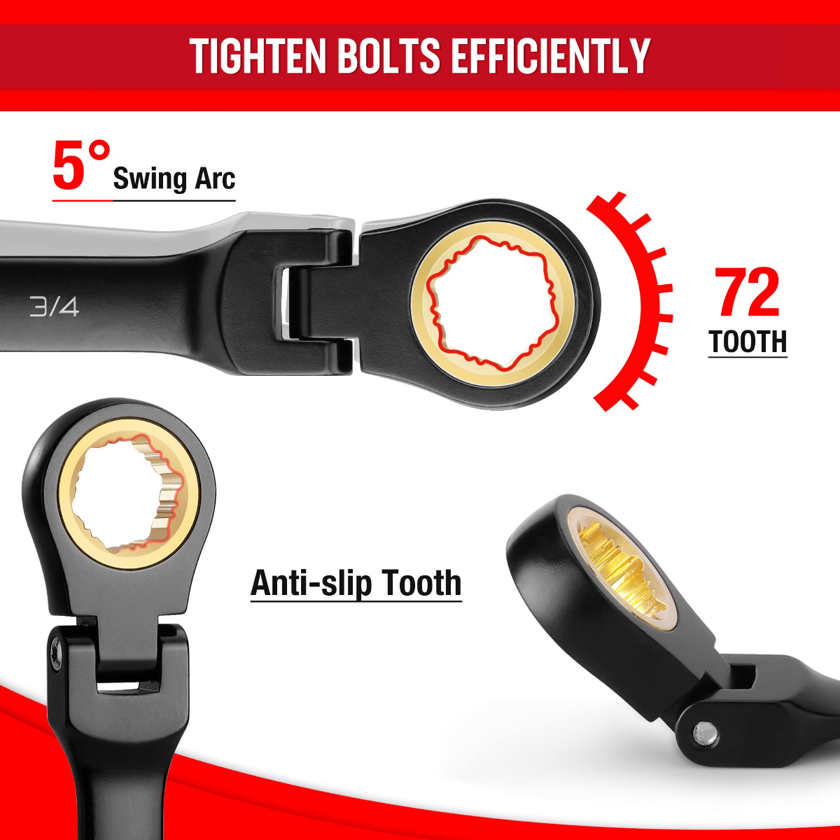 Flex-head ratcheting wrench head showing anti-slip tooth design and 72-tooth arc