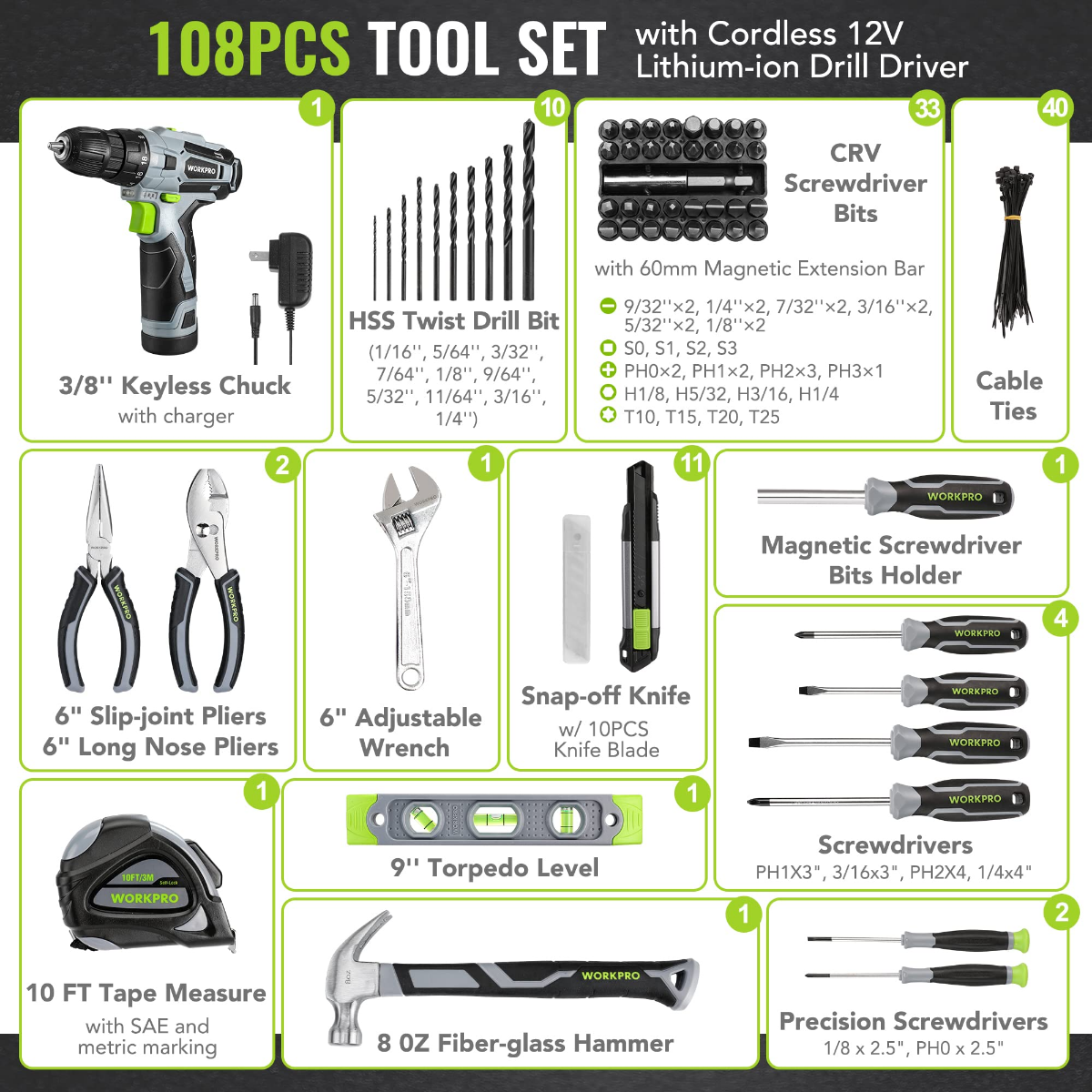 Portable tool set with cordless 12V lithium drill and assorted bits and tools