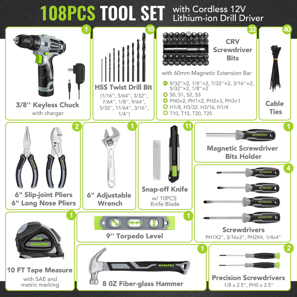 WORKPRO 108-Piece Portable Tool Set with Power Drill - Pink Ribbon