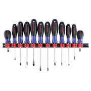 Magnetic screwdriver set with 12 screwdrivers on an organizer bar, blue and black handles