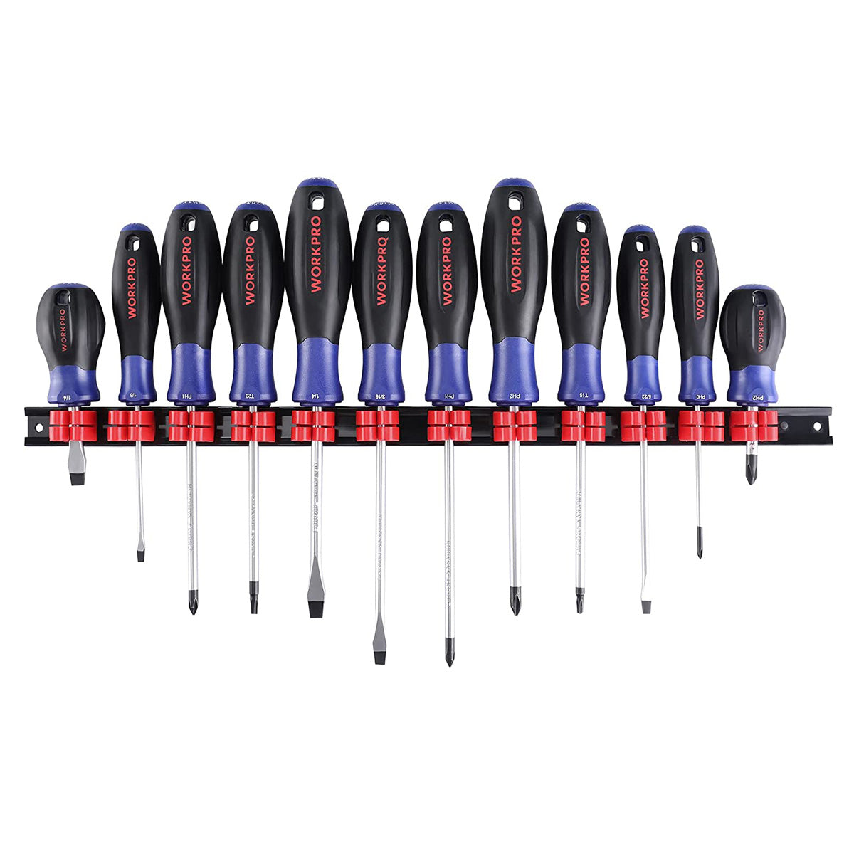 Magnetic screwdriver set with 12 screwdrivers on an organizer bar, blue and black handles