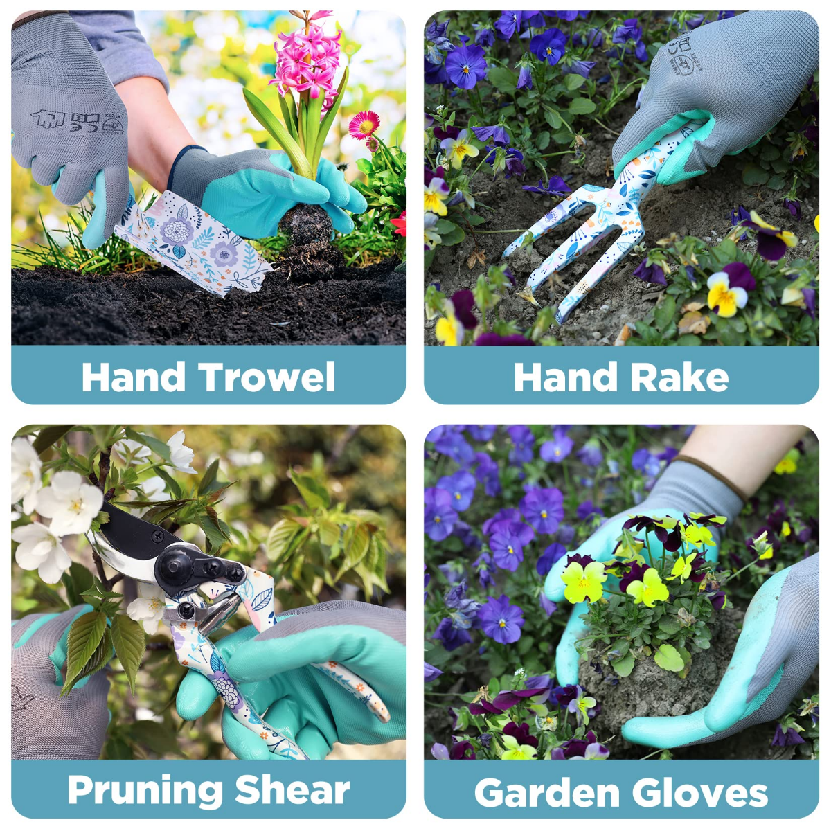 Hand trowel, hand rake, pruning shears, and garden gloves with teal grips and floral handles