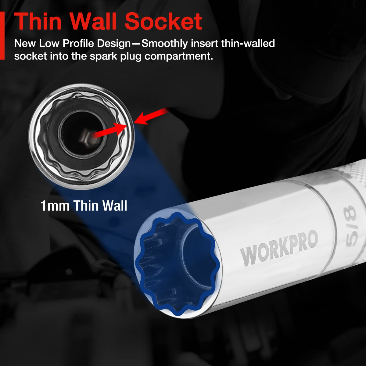 WORKPRO thin-wall 1 mm spark plug socket sleeve with magnetic core