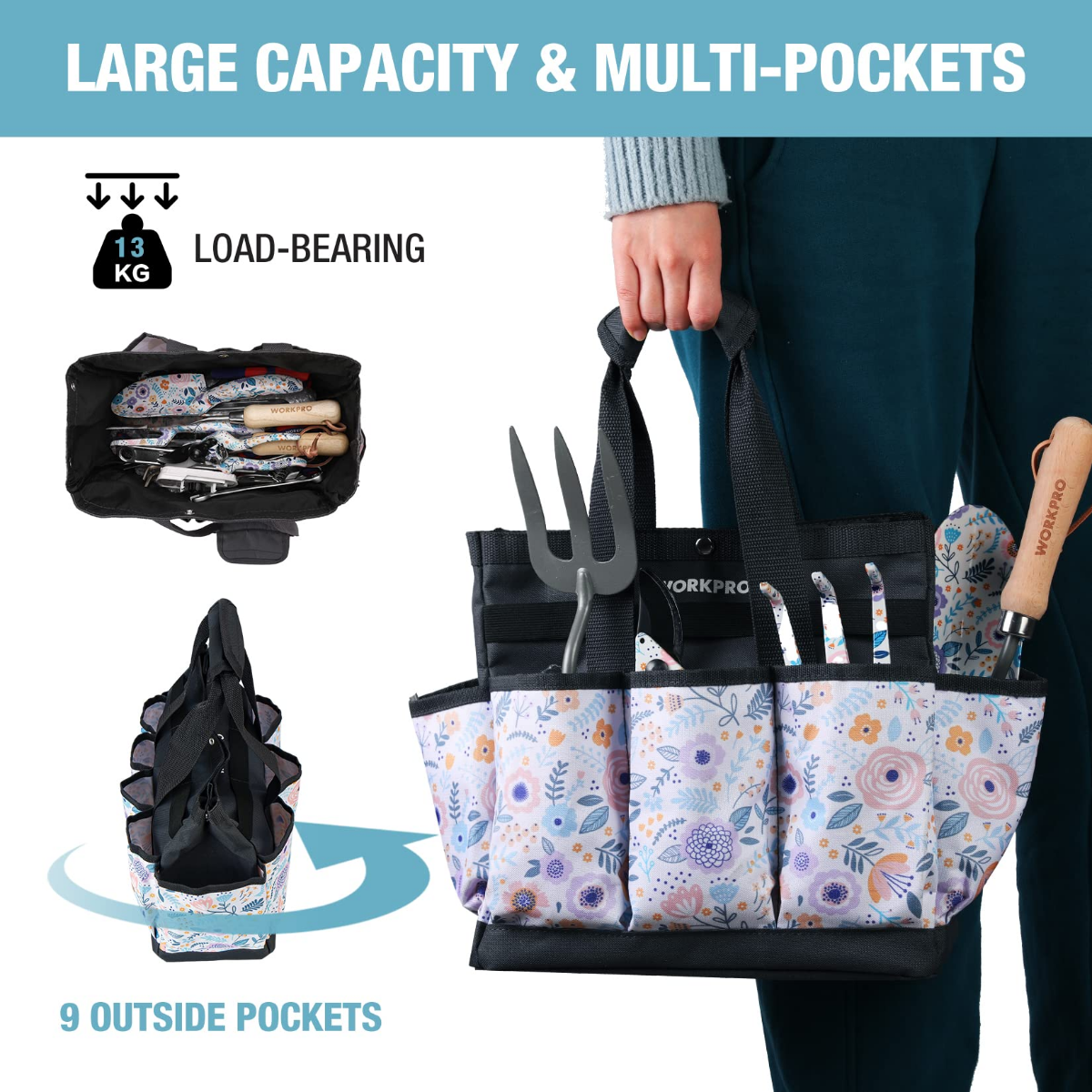 Floral garden tool tote bag with multiple outside pockets and tall front elastic tool band