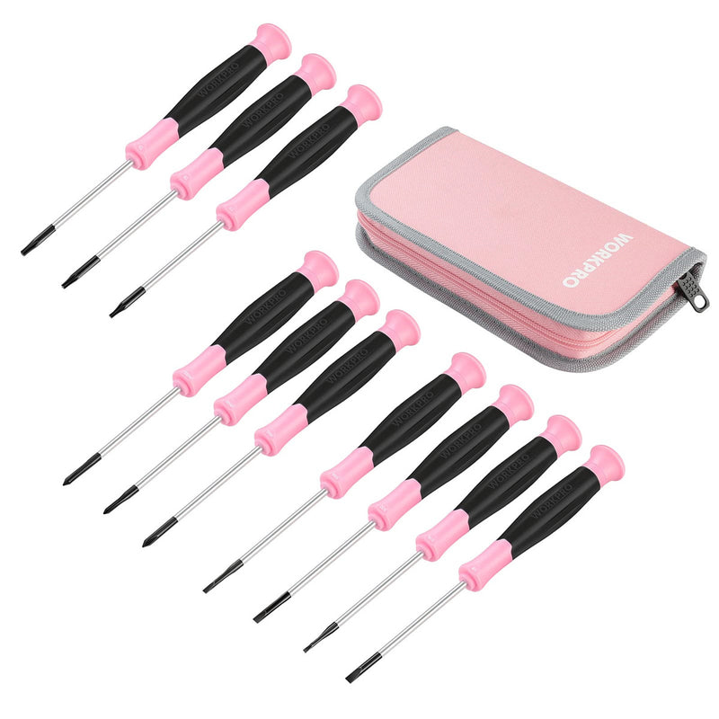 WORKPRO 10 Pcs Precision Screwdriver Set with Pink Pouch, Phillips, Slotted, Torx Star, Magnetic Tip Small Screwdriver Repair Kit