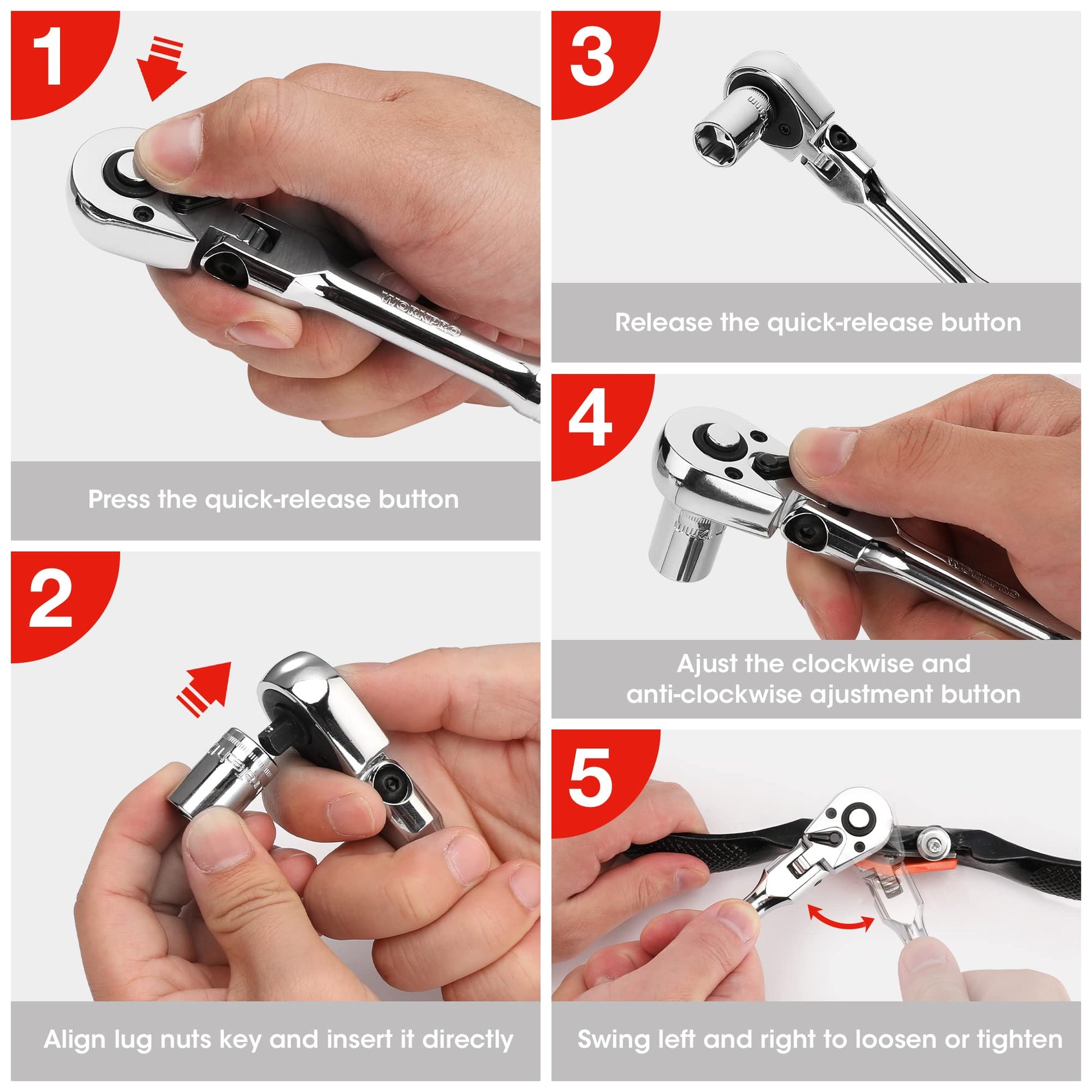 WORKPRO flex-head ratchet close-up with user pressing quick-release and adjustment buttons