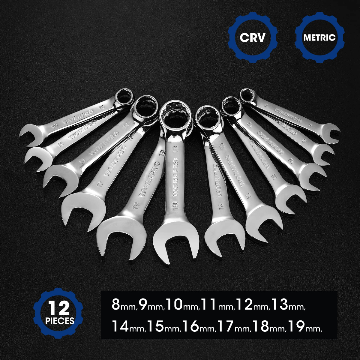 Twelve chrome stubby combination wrenches laid out in a fan pattern