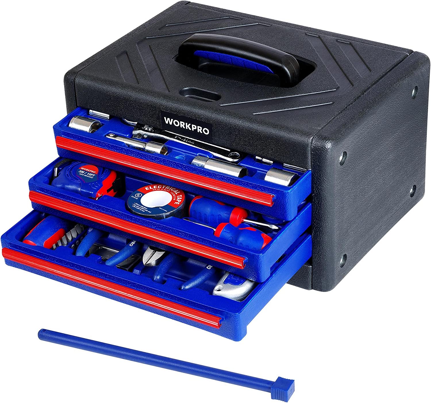 WORKPRO tool set in open black 3-drawer storage case with blue and red trays