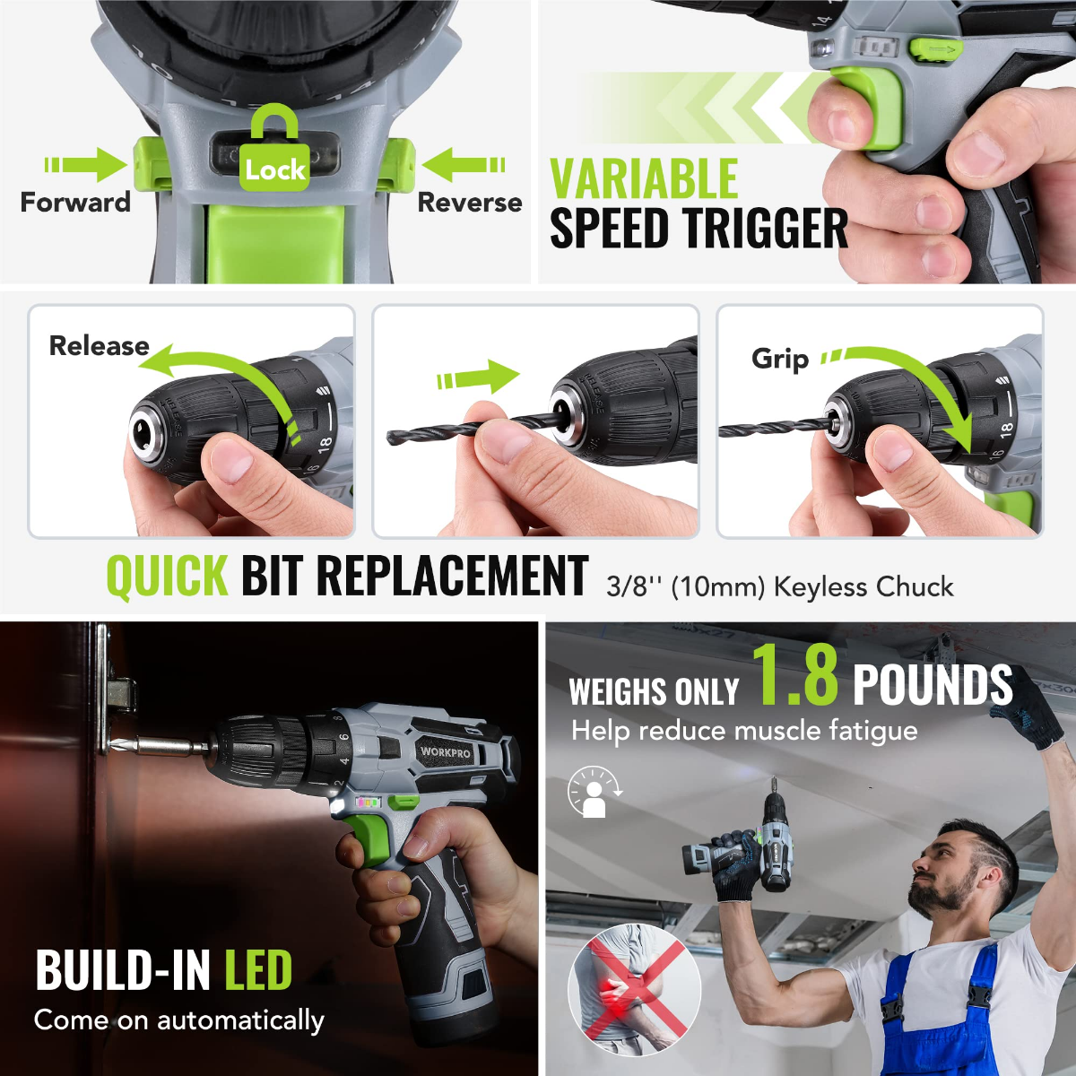 Cordless drill driver with keyless chuck lock, variable speed trigger, and LED light