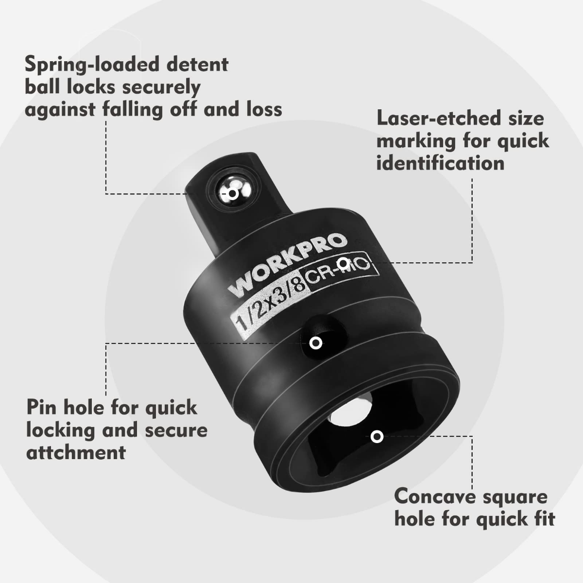 Impact driver socket adapter with spring-loaded detent ball lock and concave square hole