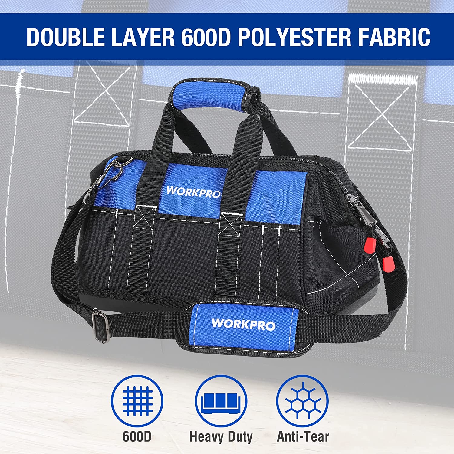Black and blue tool bag with double-layer 600D fabric, top handle and shoulder strap