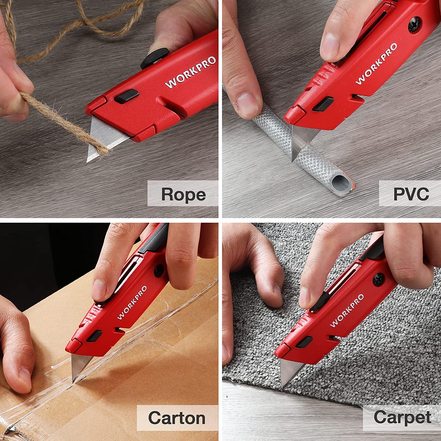 Retractable box cutter with red handle cutting rope, PVC, carton, and carpet