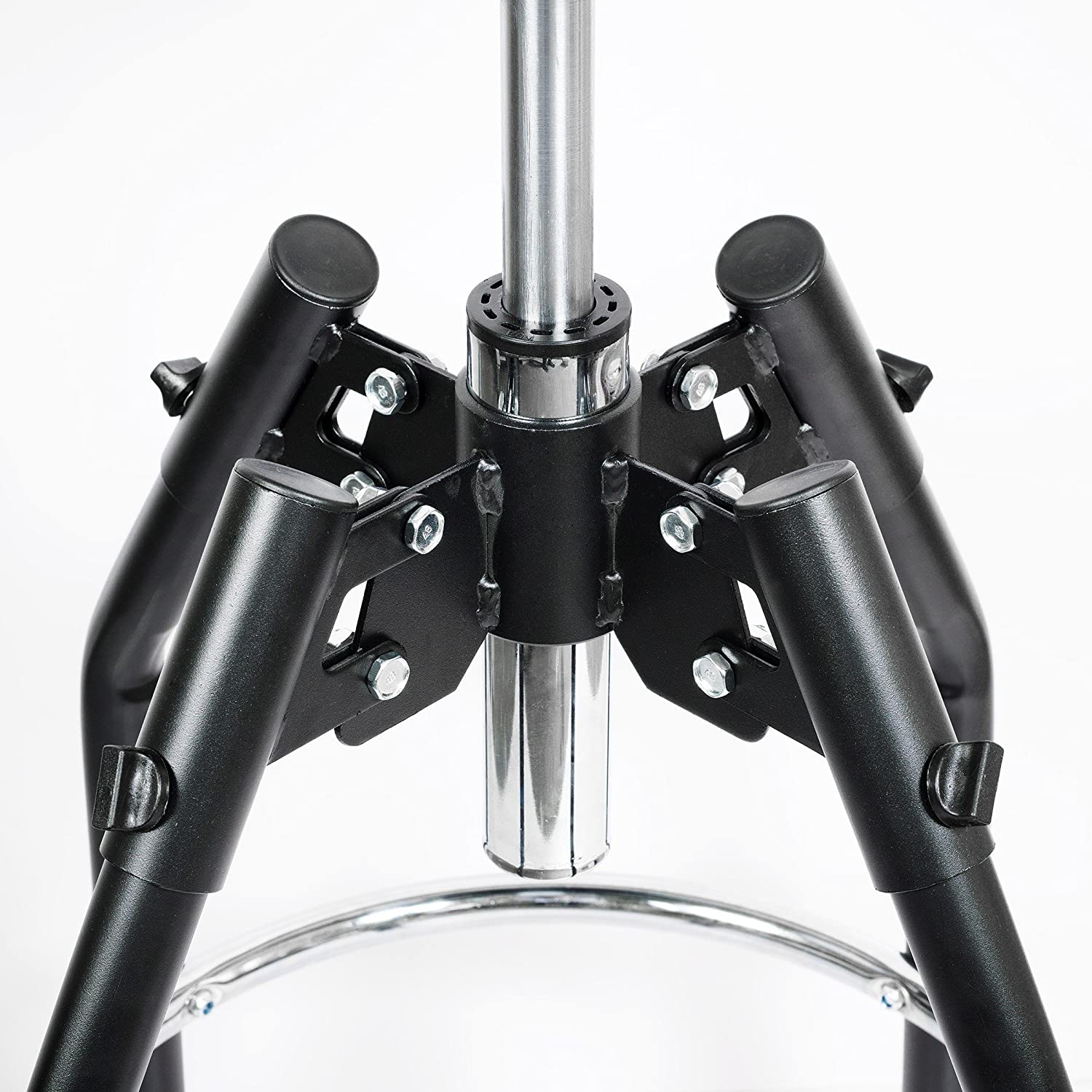 Adjustable hydraulic stool support frame with black legs and central silver hydraulic post