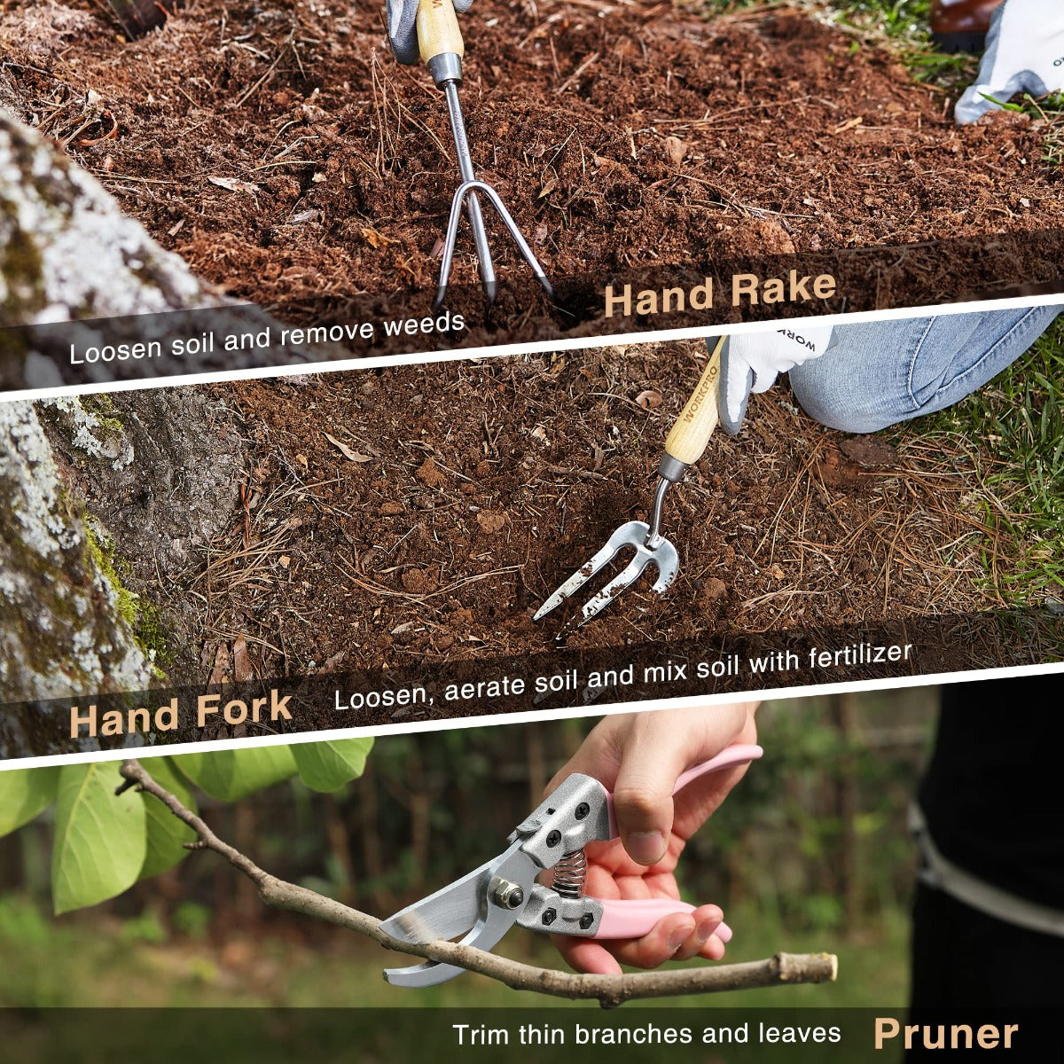 Garden hand rake, hand fork, and pruner shown working in soil
