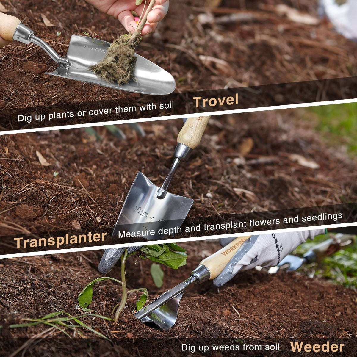 Garden trowel, transplanter, and weeder tools shown digging in garden soil