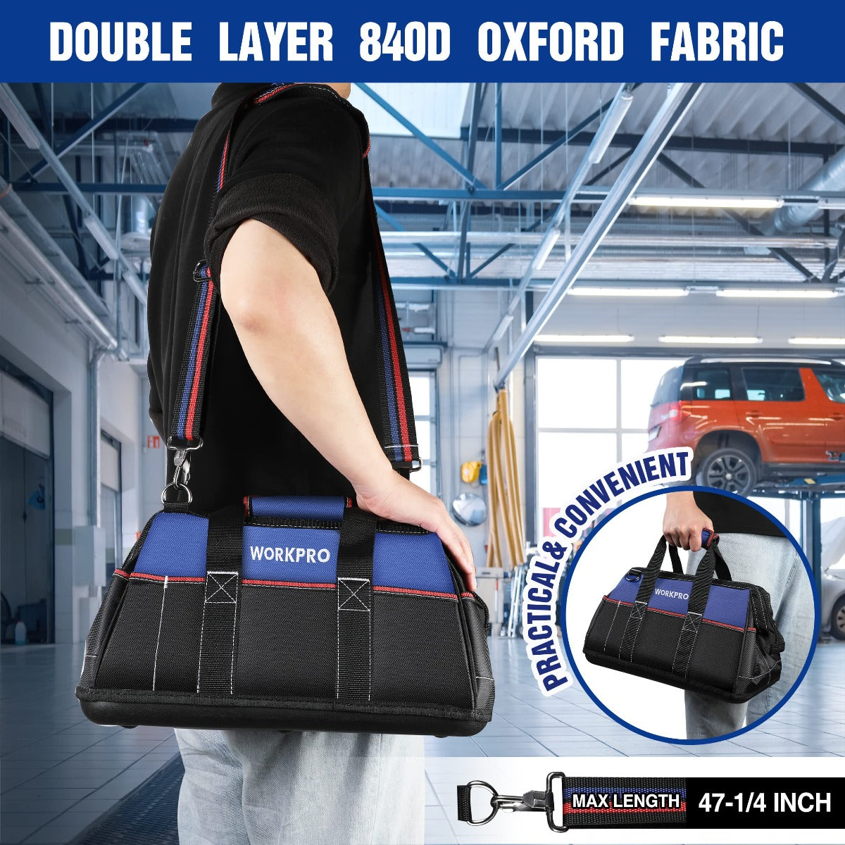 WORKPRO tool bag carried over shoulder, black and blue panels with red trim
