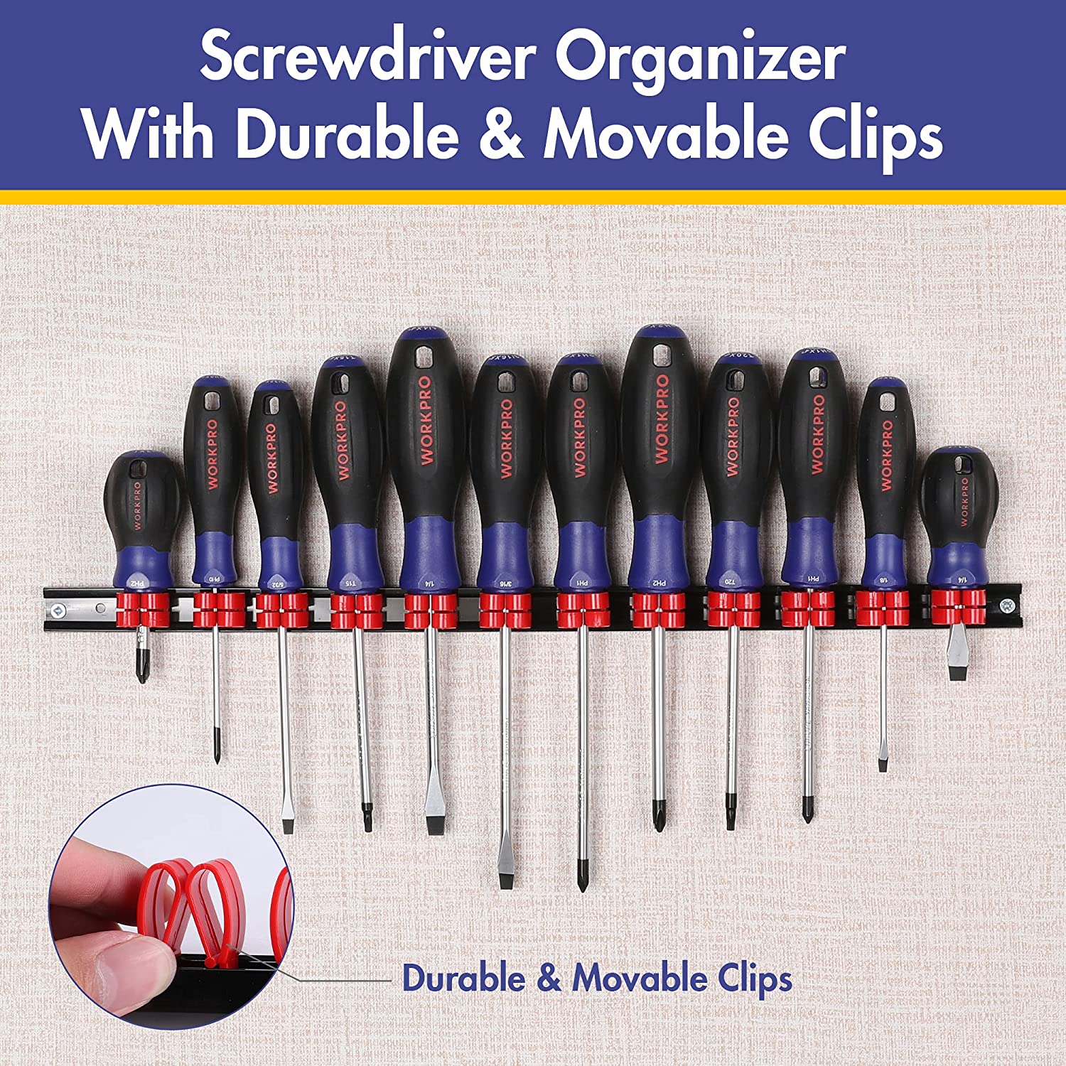 Magnetic screwdriver organizer with 12 blue-and-black screwdrivers clipped to a bar