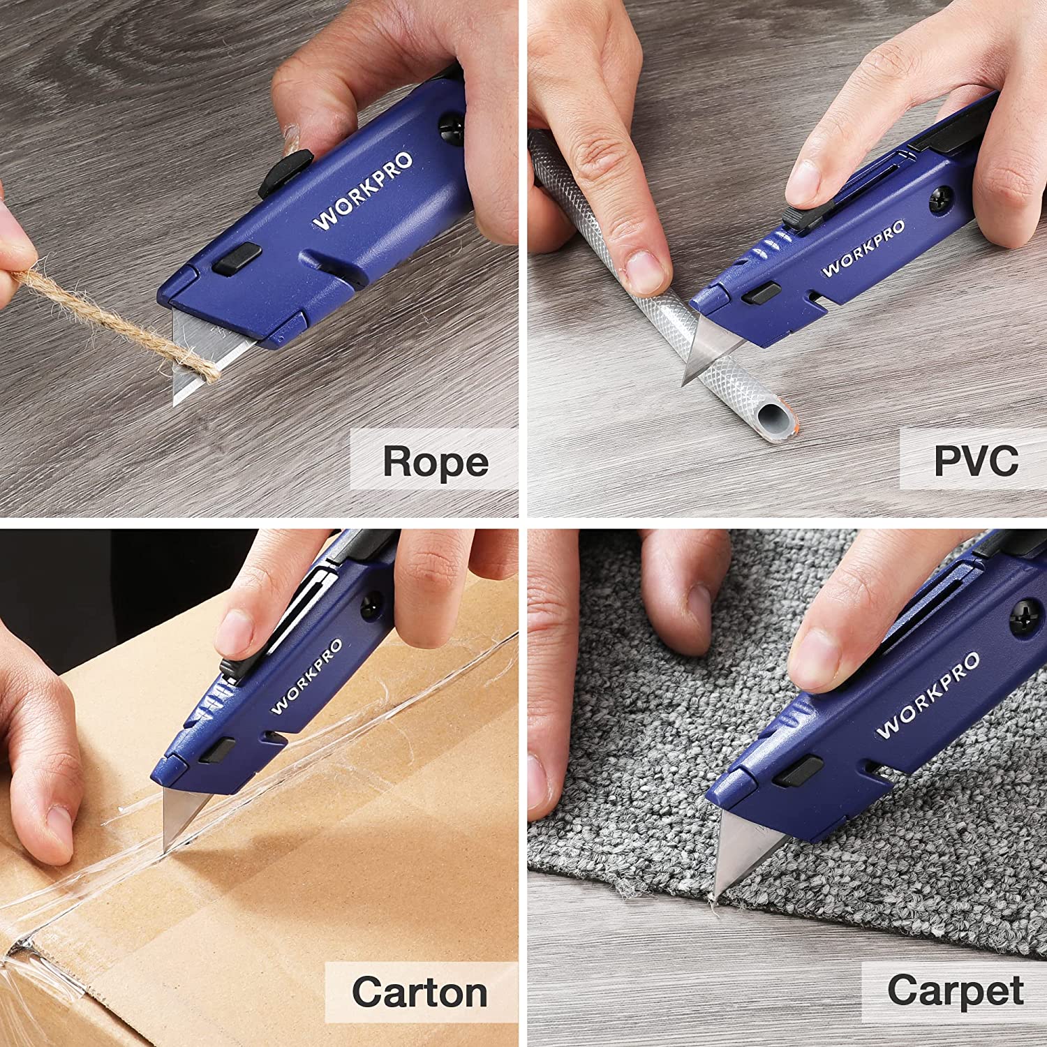 Retractable box cutter with blue handle cutting rope, PVC, carton, and carpet
