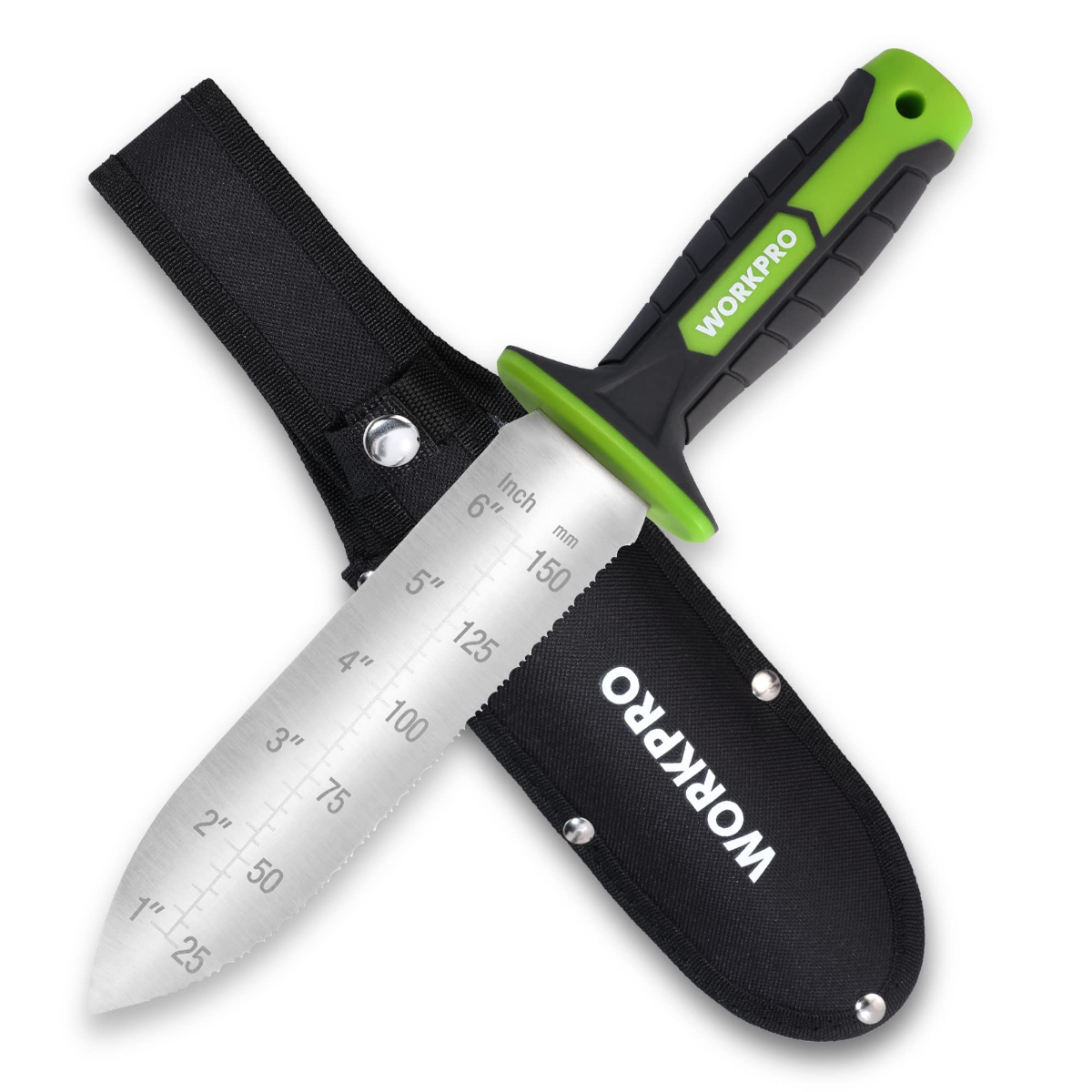 WORKPRO garden knife with black oxford sheath and green handle, 7 in stainless blade