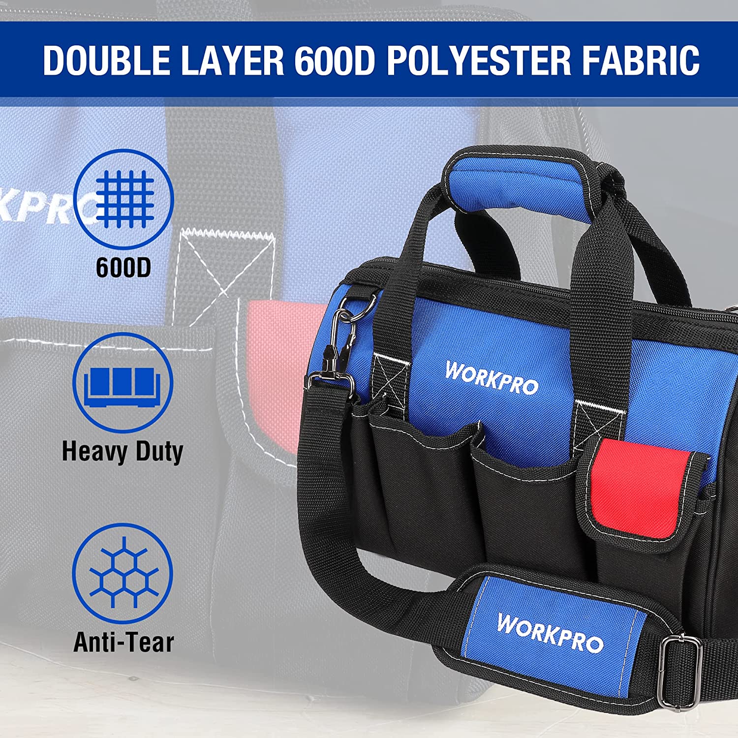 Black and blue tool bag with heavy-duty build, multiple pockets and carrying handle
