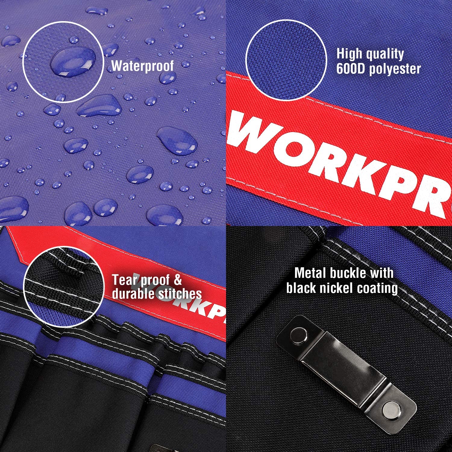 WORKPRO blue and red waterproof tool organizer fabric with reinforced stitching and metal buckle