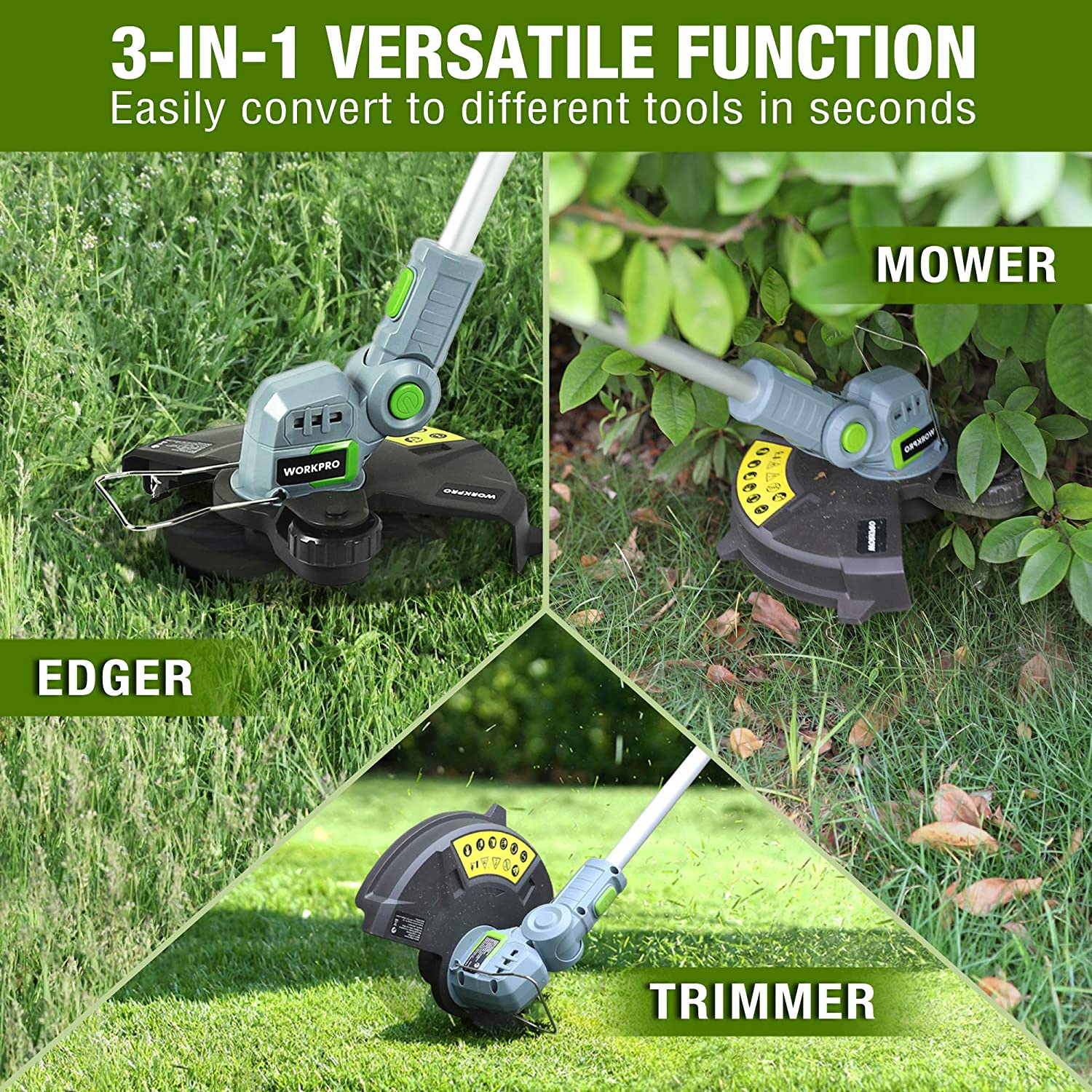 Cordless trimmer convertible head for trimming, edging, and mowing