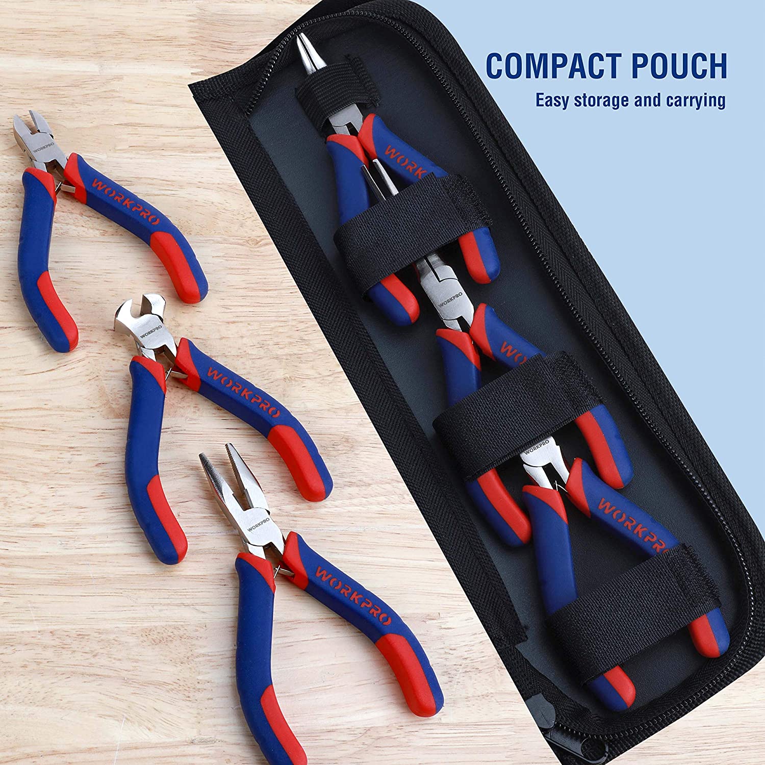 Six-piece mini pliers set stored in a black zip pouch