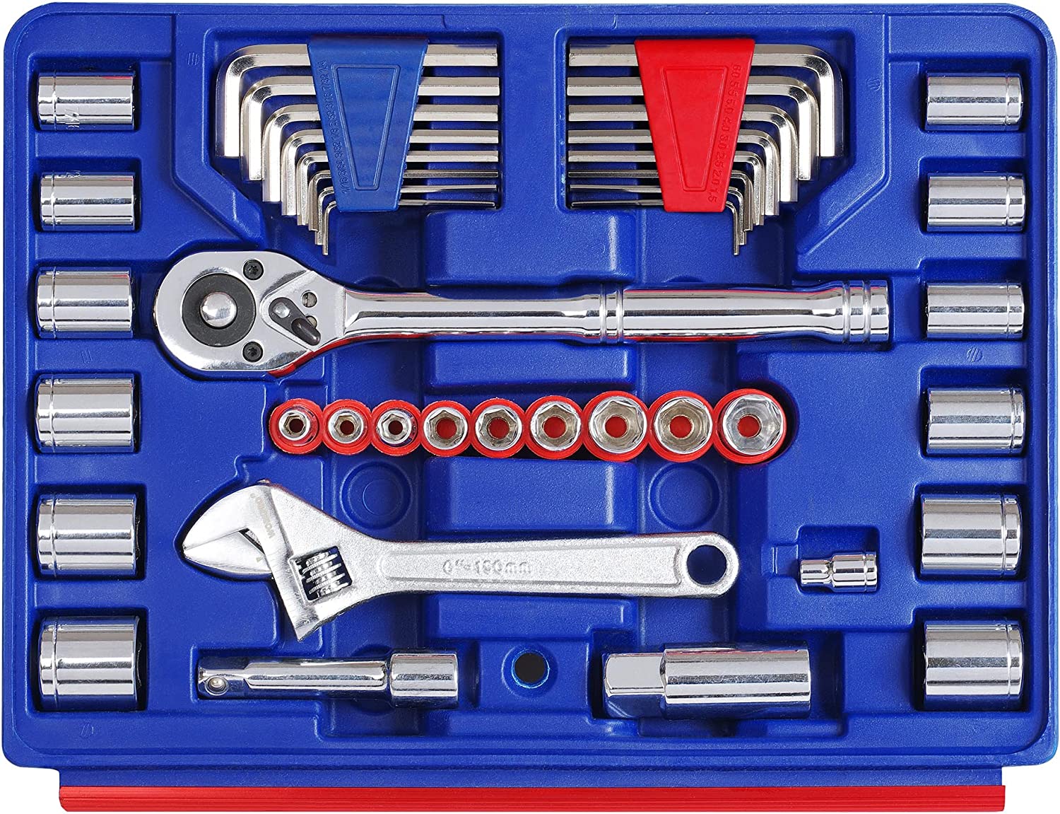 Blue foam tool organizer with hex sockets, wrenches, and adapter bits in case