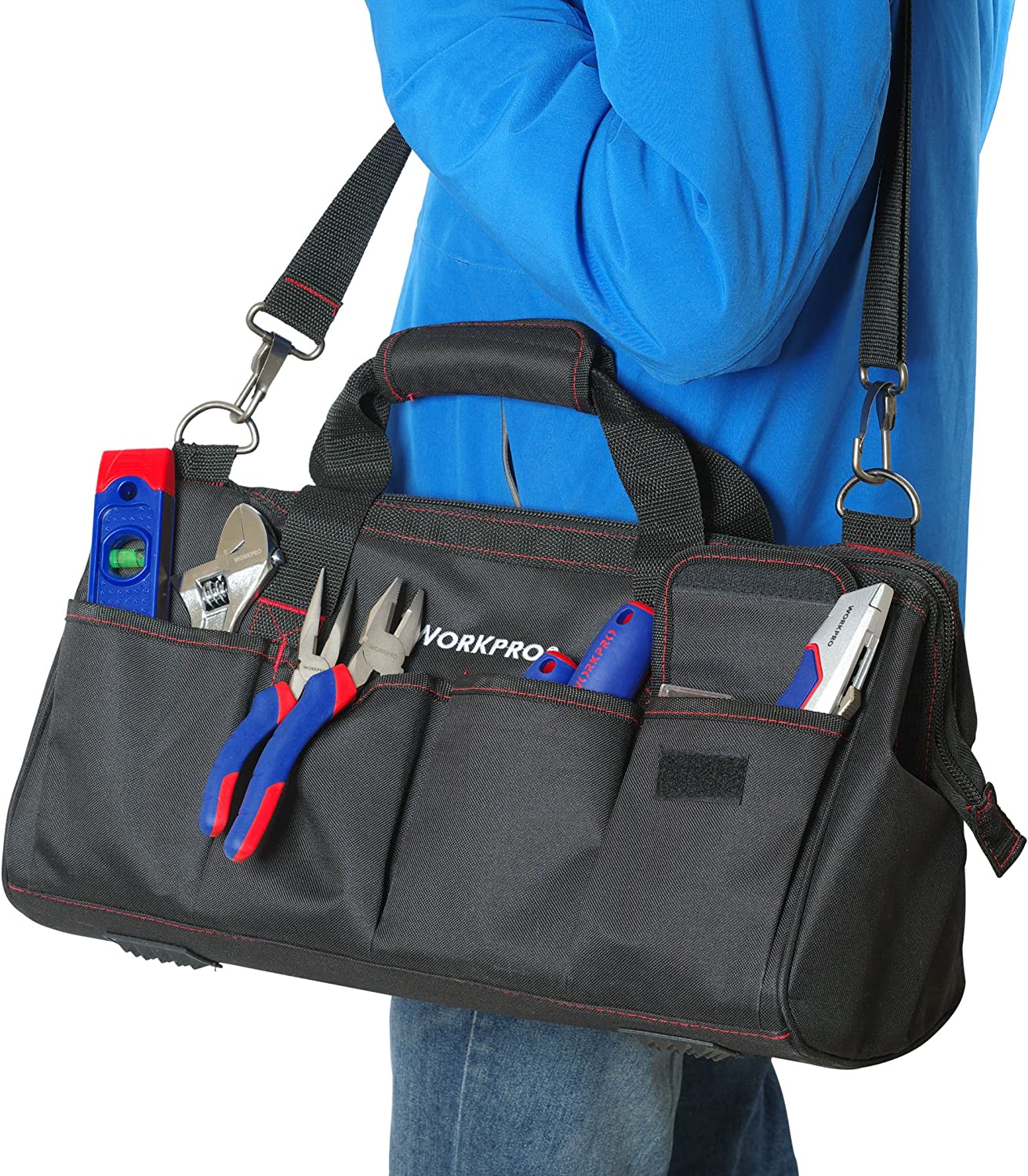 WORKPRO tool bag on a person’s side with pliers, cutters, and screwdrivers