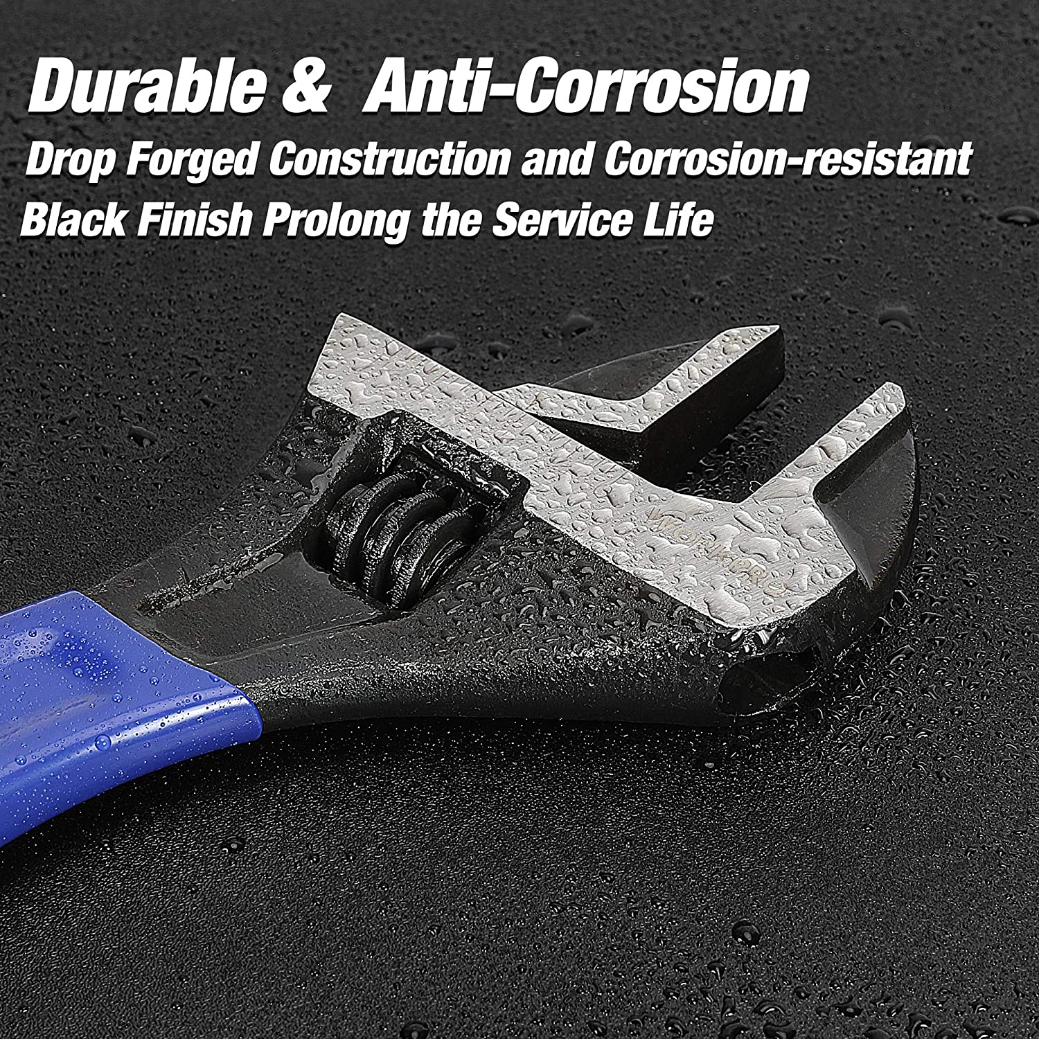Adjustable wrench head with textured grip and dark anti-corrosion finish on blue handle