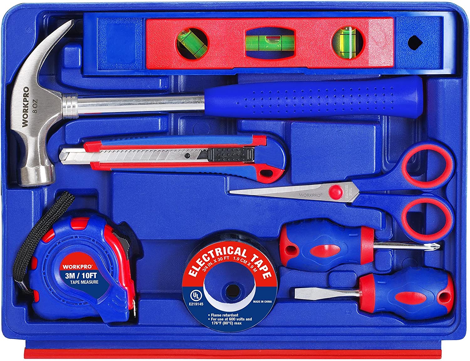 Blue case insert with measuring tape, utility tools, and electrical tape roll