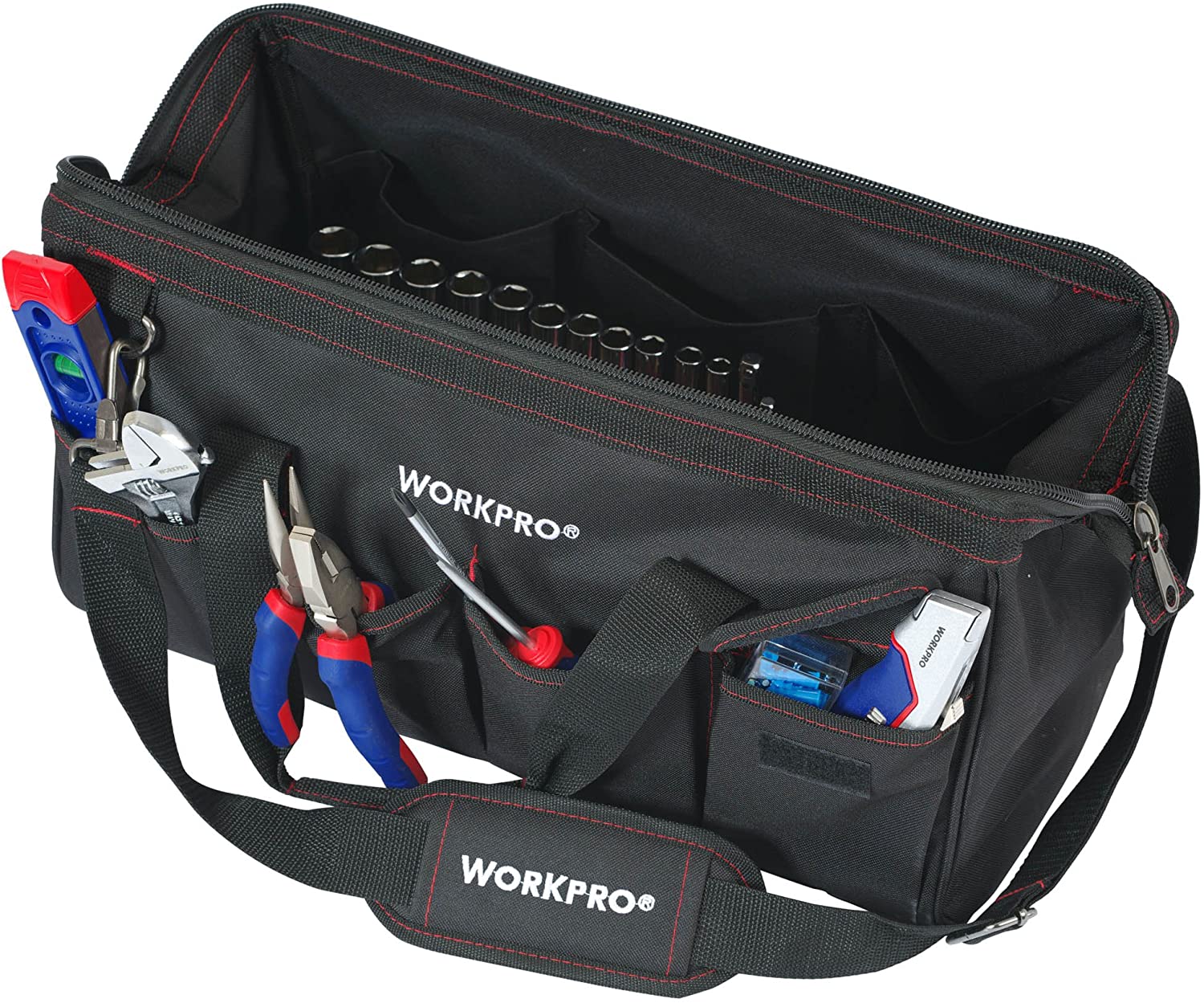 WORKPRO tool bag with internal pockets and assorted hand tools