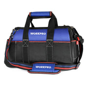 WORKPRO tool storage bag, black with blue front sections and red piping, side clips