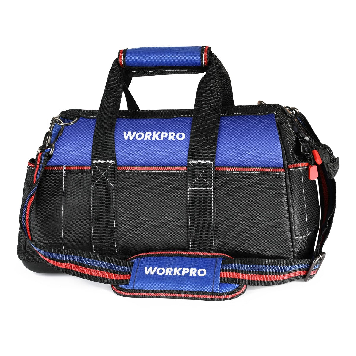 WORKPRO tool storage bag, black with blue front sections and red piping, side clips