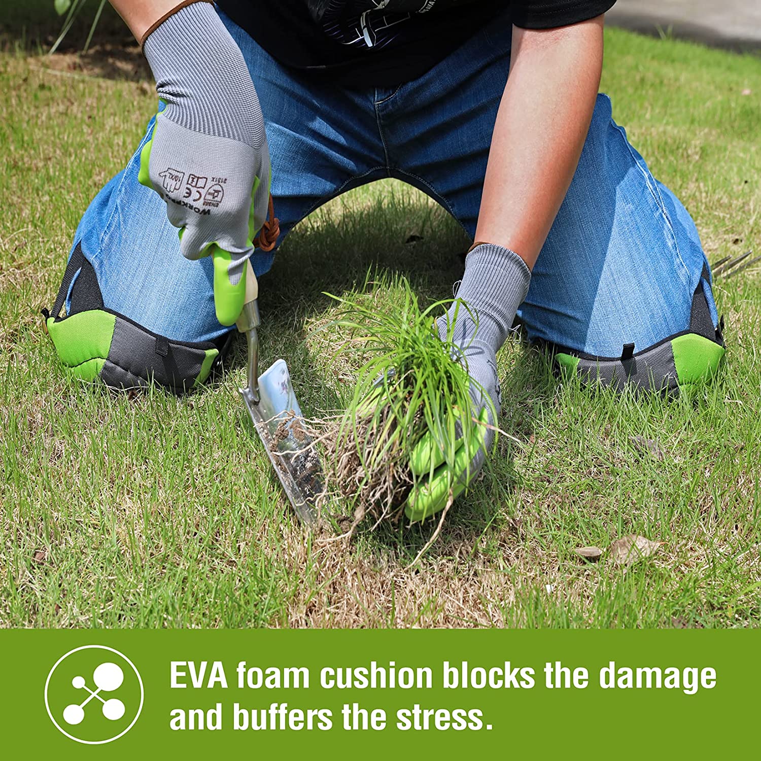 Green and gray kneepads with foam padding worn outdoors for garden work
