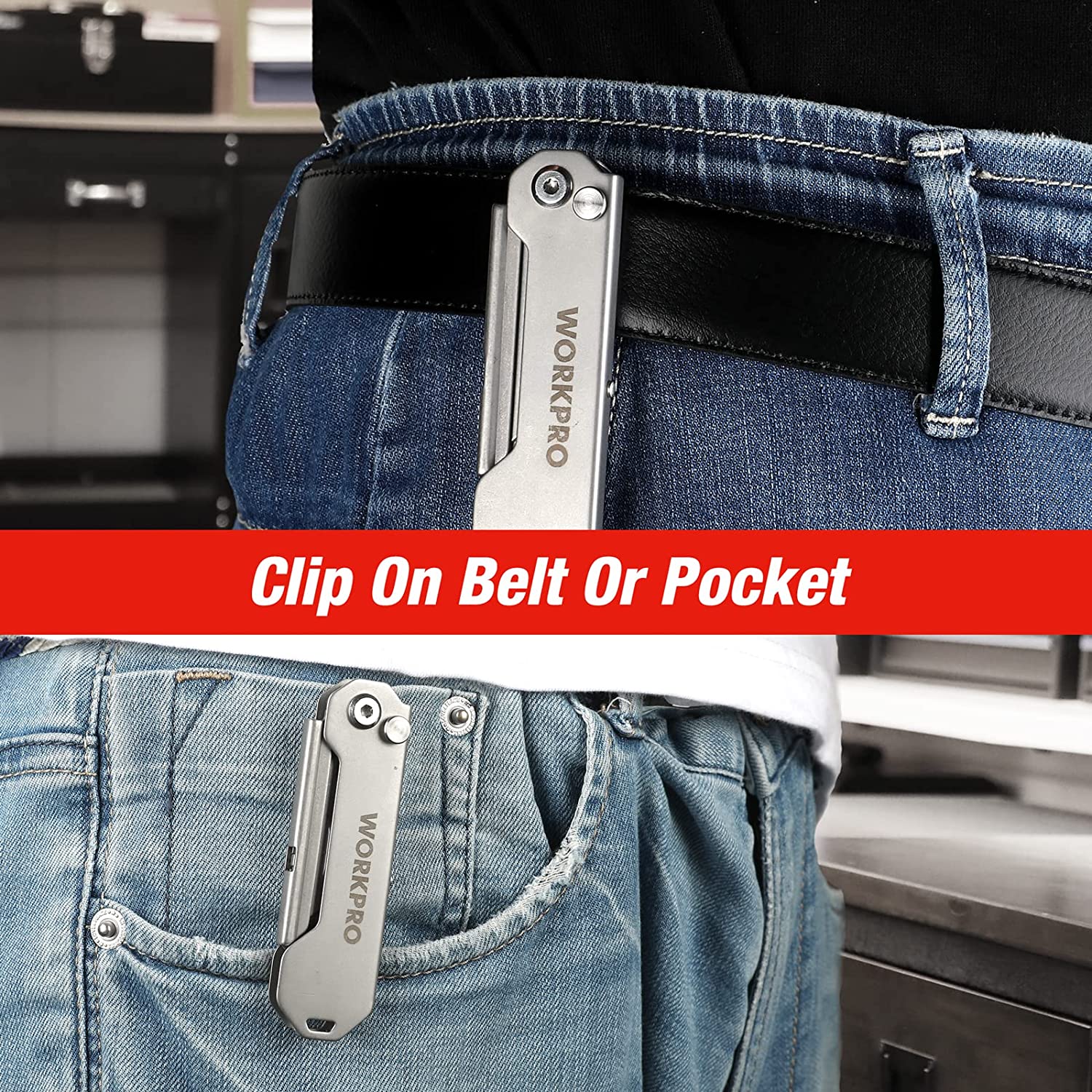 Mini utility knife clipped to a blue jean pocket with stainless steel handle