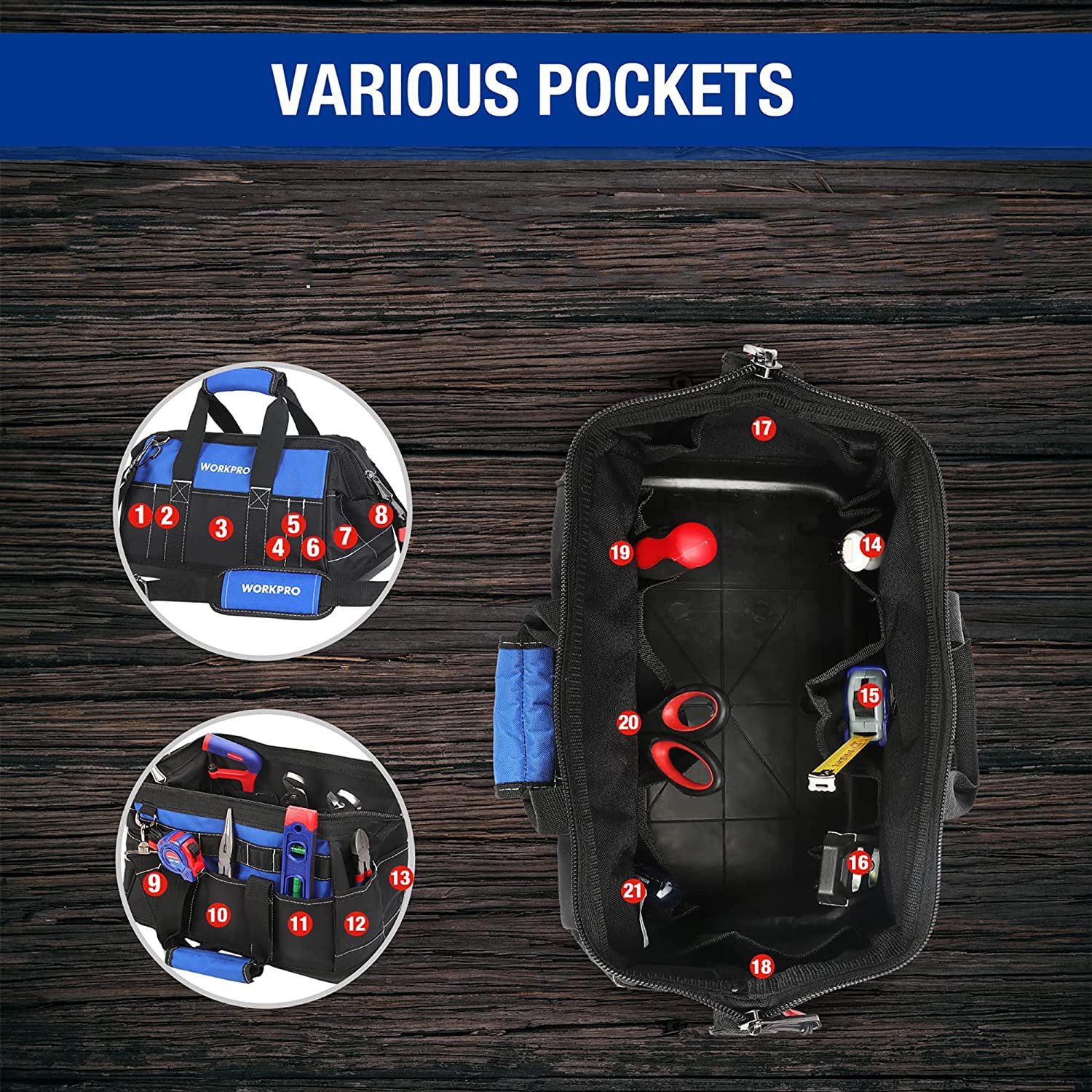 WORKPRO 16-inch wide mouth tool bag in black with blue accents, waterproof molded base, durable quality innovation