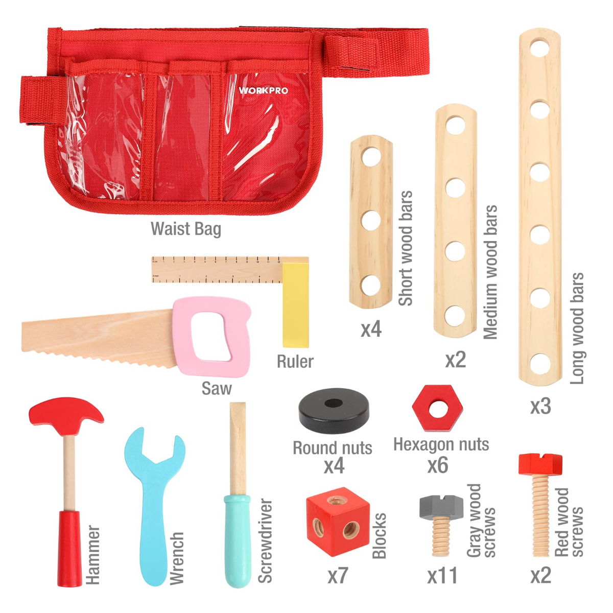 Red waist bag with WORKPRO tools, including saw, ruler, screwdriver, and clamps