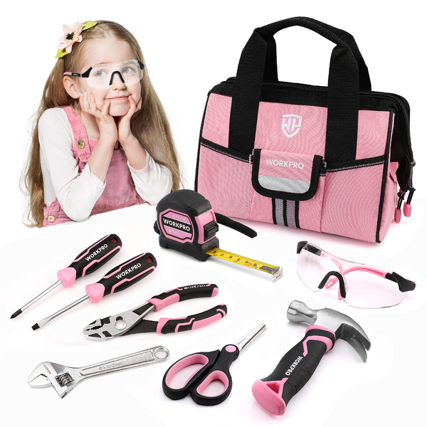 WORKPRO 9 Pcs Kids Junior Tool Set with Tool Bag, Pink/Blue - Pink Ribbon